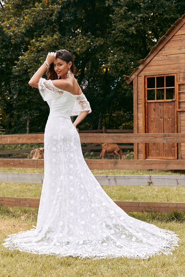 Vestido de novia de tren de barrido de encaje de sirena marfil con mangas